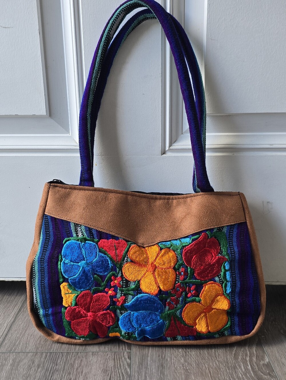 Guatemalan Style Embroidered Floral Shoulder Bag Boho Woven Striped Purse Tan